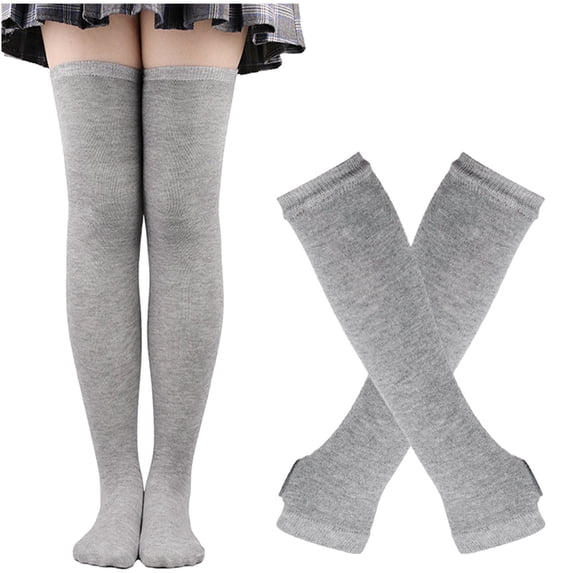 Xfvqtps Womens Thigh High Socks Fingerless Gloves Set Comfort Cotton over the Knee Boot Socks with Long Arm Warmers Mitten and A Set Of Long Socks Suit Gray