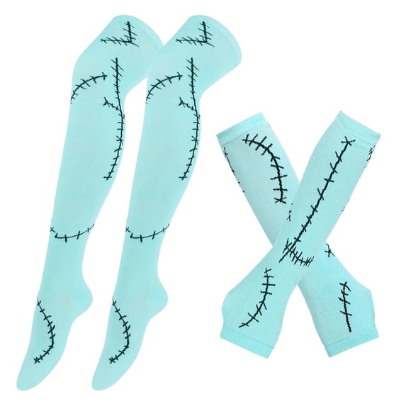 Xfvqtps Womens Thigh High Socks Fingerless Gloves Set Decoration Comfort Cotton over the Knee Boot Socks with Long Arm Warmers Mitten and Long Socks Suit Sky Blue