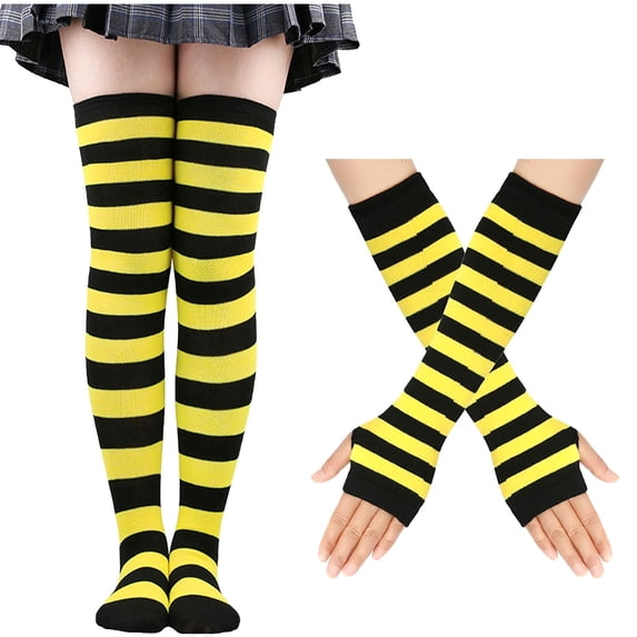Xfvqtps Womens Thigh High Socks Fingerless Gloves Set Stripe Comfort Cotton over the Knee Boot Socks with Long Arm Warmers Mitten and A Set Of Long Socks Suit Black