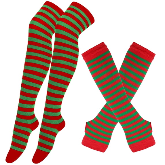 Xfvqtps Womens Thigh High Socks Fingerless Gloves Set Stripe Comfort Cotton over the Knee Boot Socks with Long Arm Warmers Mitten and A Set Of Long Socks Suit Green