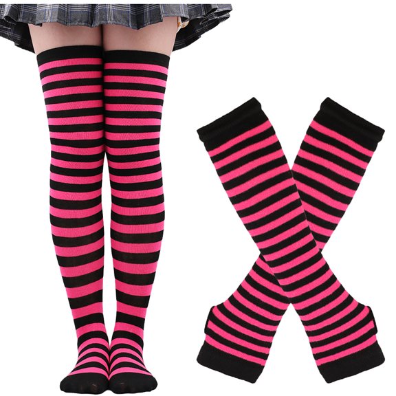 Xfvqtps Womens Thigh High Socks Fingerless Gloves Set Stripe Comfort Cotton over the Knee Boot Socks with Long Arm Warmers Mitten and A Set Of Long Socks Suit Hot Pink