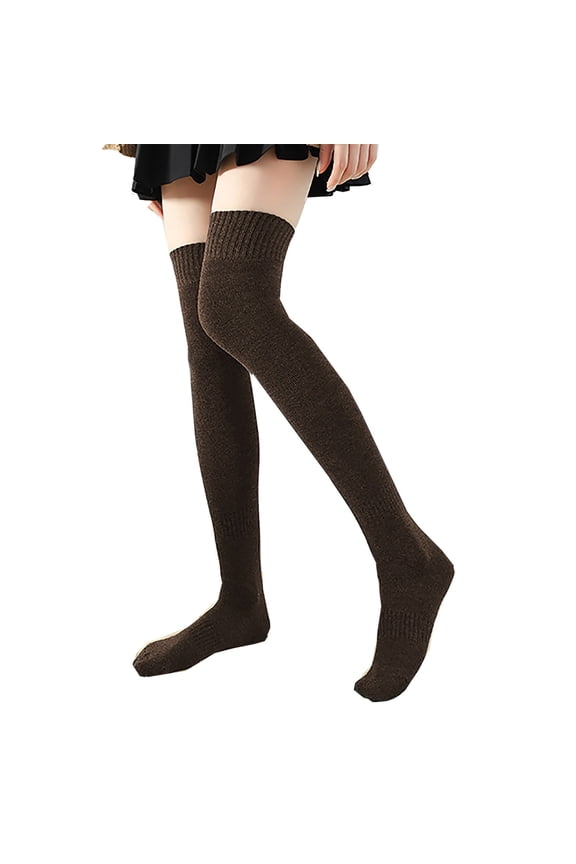Womens Thigh High Socks Long Tube Over Knee Length Plush Lining Solid Color Thick Insulation Loop Thigh Socks Brown