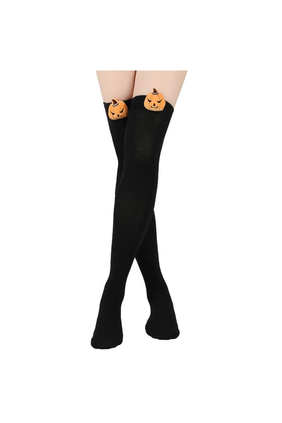 Womens Thigh High Socks over the Knee Long Tube Cute Pumpkin Decoration Thick Warm Leg Warmers Black