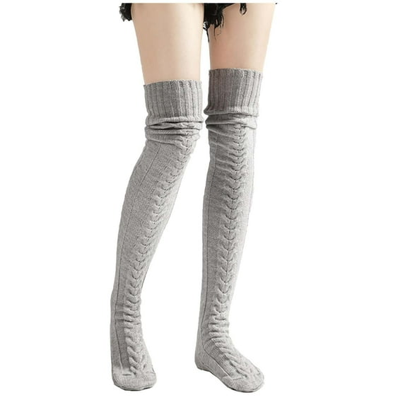 Xfvqtps Womens Thigh Socks Over The Knee Ribbed Pattern Solid Color Knitting Leg Warmers Non Shedding Elastic Premium Comfortable Soft Cozy Warm Winter Thigh High Socks Gray