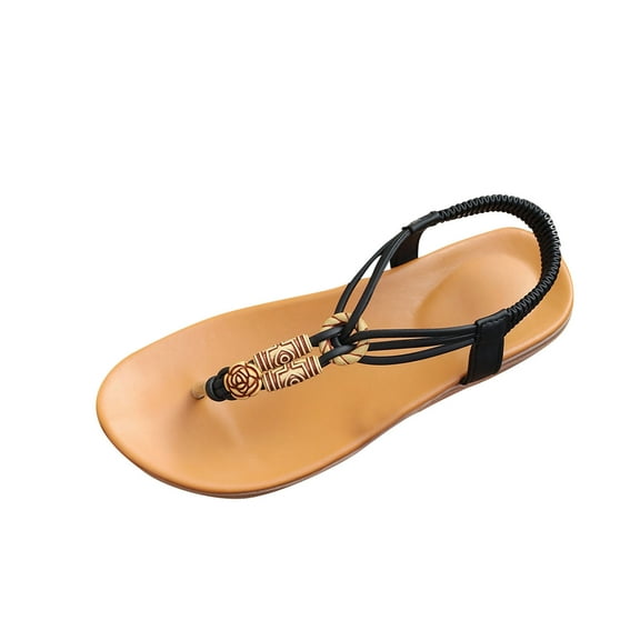 Xfvqtps Womens Thong Sandals Flat Elastic Flip Flops Ethnic Style Beads Decor Clip Toe Beach Non Slip Summer Sandals Black
