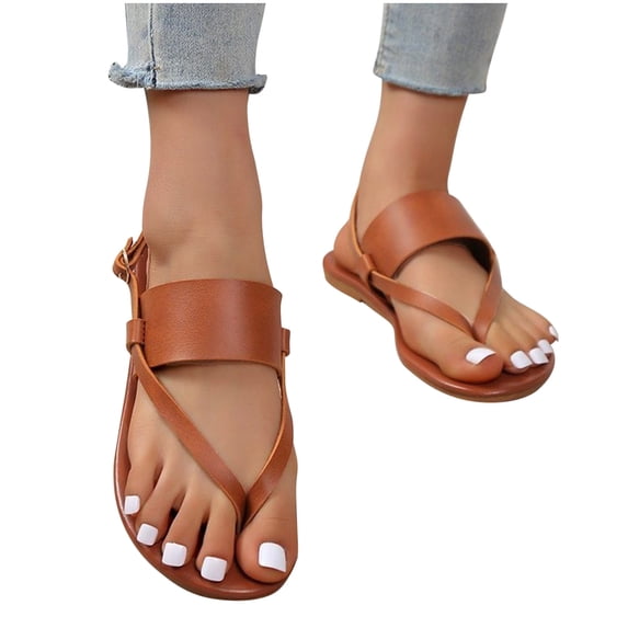 Xfvqtps Womens Thong Sandals Flip Flop Flat Slingback Adjustable Ankle Buckle Solid Color Simplicity Non Slip Breathable Casual Summer Beach Sandals Brown