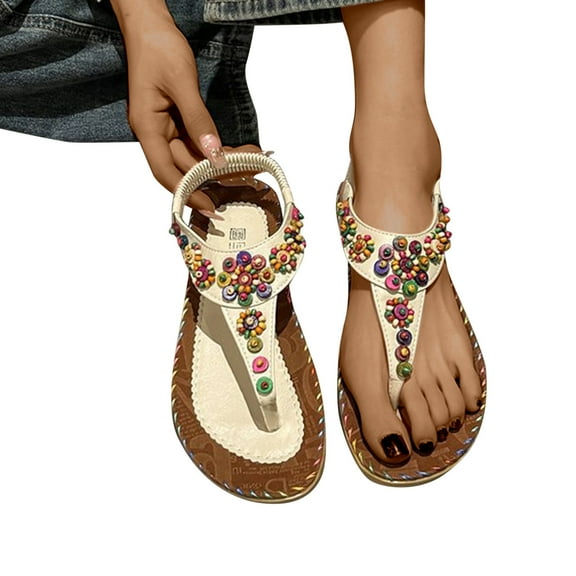 Xfvqtps Womens Thong Sandals T-Strap Flip Flop Flat Colorful Bead Decoration Ethnic Style Slingback Elastic Strap Non Slip Casual Fashion Summer Beach Sandals Beige