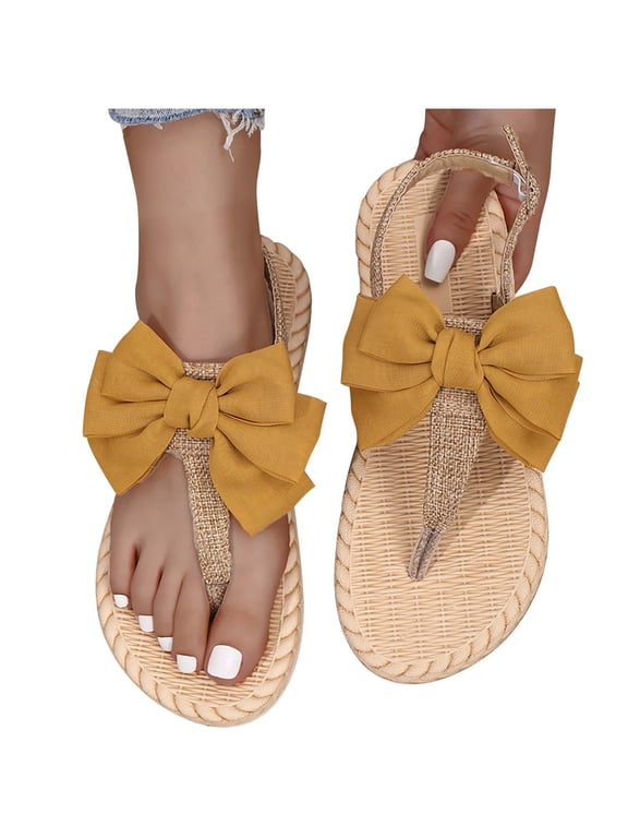 Womens Thong Sandals T-Strap Flip Flop Flat Lace Bowknot Decoration Hemp Rope Sole Slingback Adjustable Ankle Buckle Non Slip Breathable Casual Summer Beach Sandals