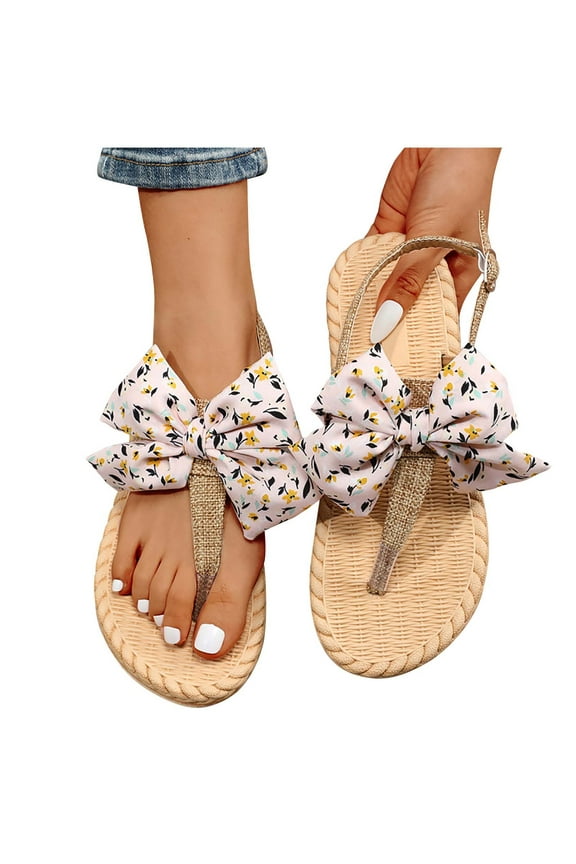 Womens Thong Sandals T-Strap Flip Flop Flat Lace Bowknot Decoration Hemp Rope Sole Slingback Adjustable Ankle Buckle Non Slip Breathable Casual Summer Beach Sandals Pink