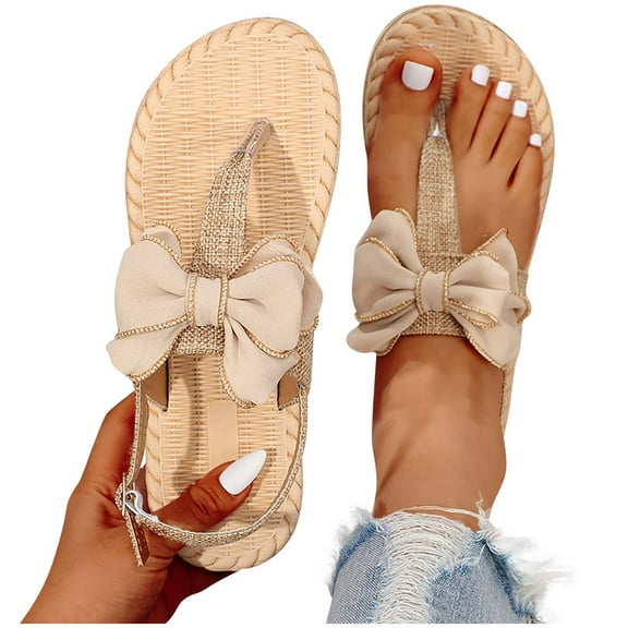 Xfvqtps Womens Thong Sandals T-Strap Flip Flop Flat Lace Bowknot Decoration Hemp Rope Sole Slingback Adjustable Ankle Buckle Non Slip Breathable Casual Summer Beach Sandals Beige