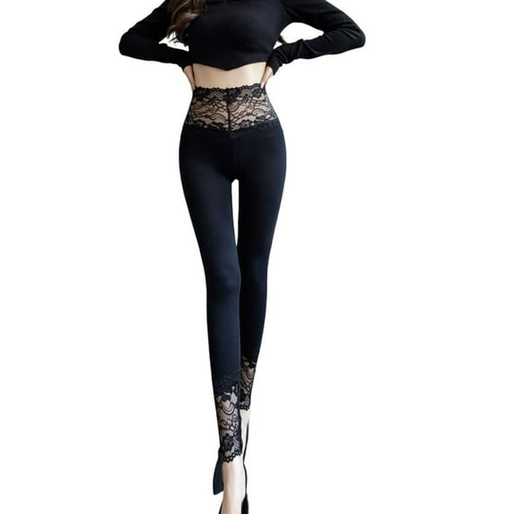 Xfvqtps Womens Tights Solid Color Simplicity Lace Fitting Stretch Flower Embroidery Soft Stockings Black