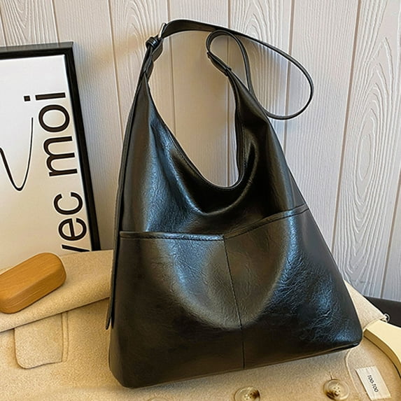 Xfvqtps Womens Tote Bag Solid Color Simplicity Adjustable Shoulder Strap Fashion Lightweight Portable Commuting Leather Crescent Bag Black