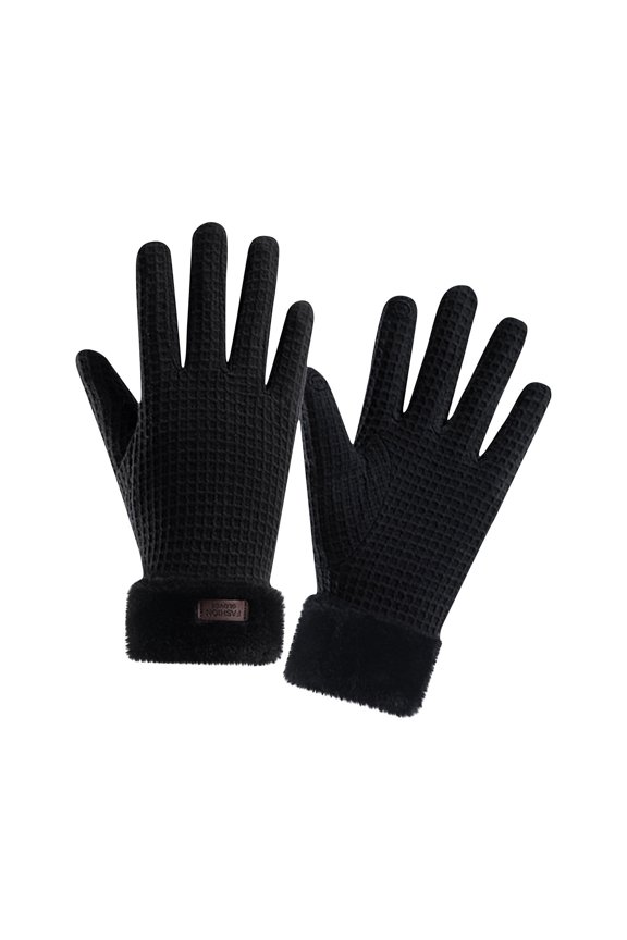 Womens Touchscreen Gloves Plush Wrist Edge Plaid Thickened Solid Color Simplicity Hand Warmers Comfortable Soft Elegant Thermal Windproof Snow Winter Mittens Black