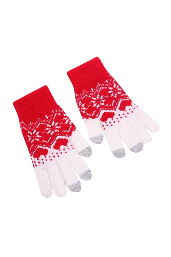 Womens Touchscreen Gloves Snowflake Pattern Knitting Touchscreen Thickened Windproof Warm Winter Mittens Red