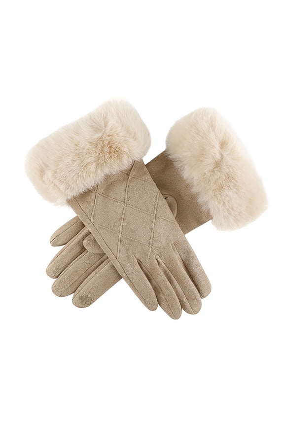 Womens Touchscreen Gloves Suede Plush Wrist Edge Rhombus Thickened Solid Color Simplicity Hand Warmers Comfortable Soft Elegant Thermal Snow Winter Mittens Beige