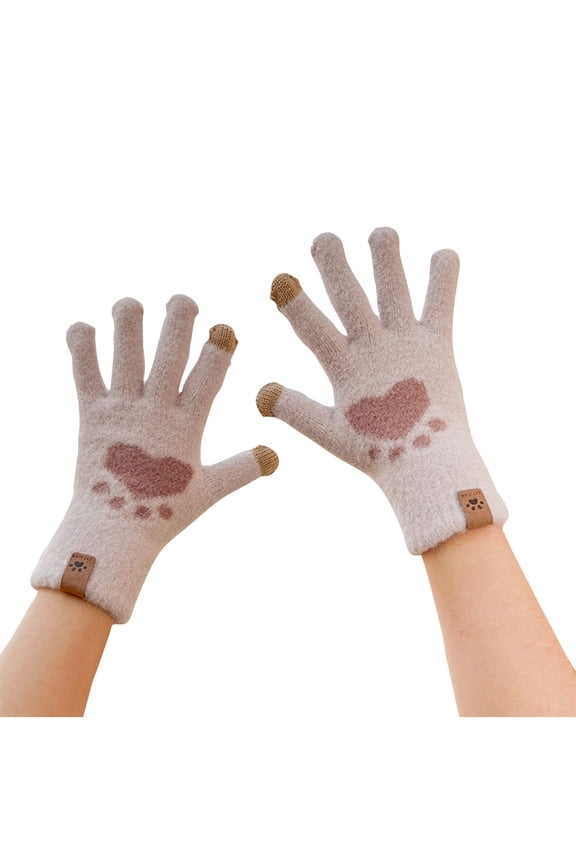 Womens Touchscreen Gloves Touchable Screen Split Finger Knitting Plush Cute Cartoon Love Footprint Thickened Warm Winter Mittens Beige