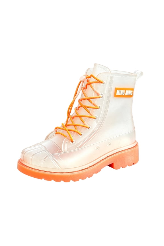 Womens Transparent Ankle Rain Boots Lace-Up PVC Round Toe Fashion Waterproof Shoes for Festival Beach Camping