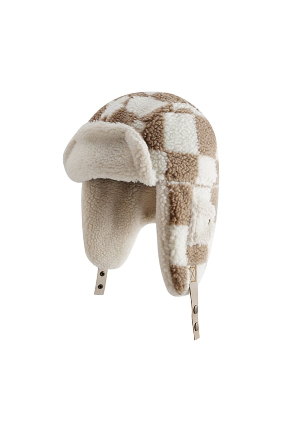 Womens Trapper Hat with Ear Flap Buckle Fleece Chessboard Pattern Windproof Coldproof Warm Thickened Camping Hunting Fall Winter Plush Hat Khaki