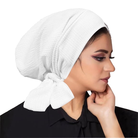 Xfvqtps Womens Turban Stretchy Ribbed Fabric Solid Color Pre-Tied Knot Breathable Pleated Ruffle Soft Beanie White