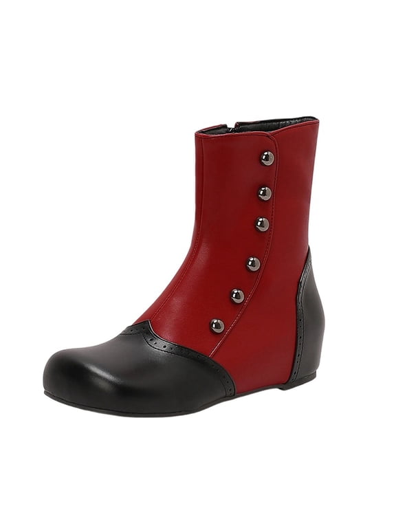 Womens Two Tone Color Block Ankle Boots Fashion Winter Side Zipper Booties Round Toe Hidden Wedge Sole Comfort Casual Shoes Red