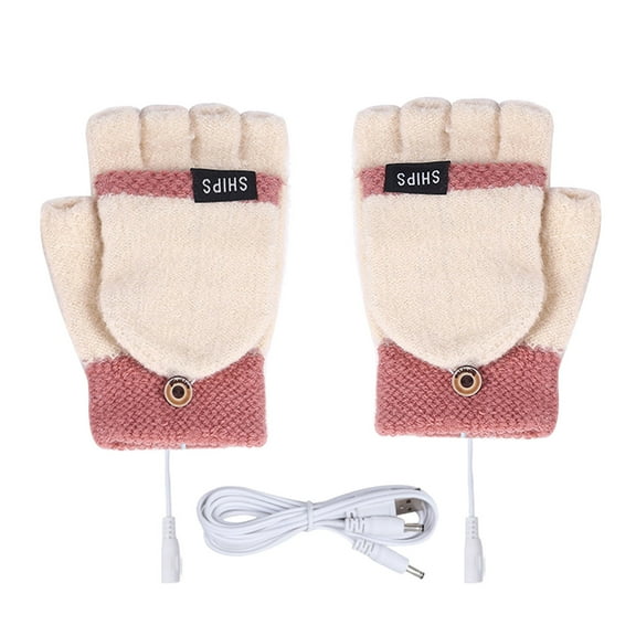 Xfvqtps Womens USB Heated Fingerless Gloves with Flip Cover Knitting Constant Temperature Color Blocking Windproof Warm for Cold Weather Winter Mittens Beige