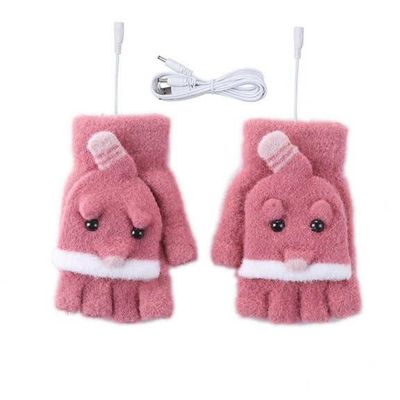 Xfvqtps Womens USB Heated Fingerless Gloves with Flip Cover Plush Knitting Cute Cartoon Animals Constant Temperature Windproof Warm for Cold Weather Winter Mittens Hot Pink