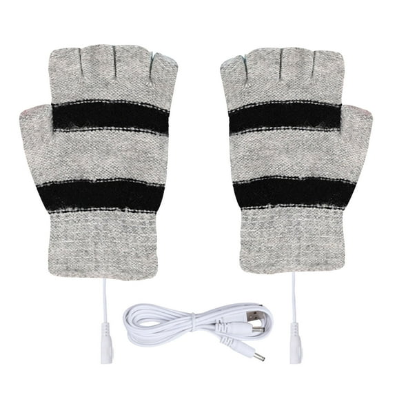 Xfvqtps Womens USB Heated Fingerless Gloves with Flip Cover Knitting Constant Temperature Stripe Windproof Warm for Cold Weather Winter Mittens Gray
