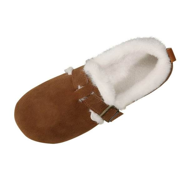 Xfvqtps Womens Velvet Shoes Slip on Buckle Closure Faux Fur Lined Winter Boots Casual Comfort Shoes Round Toe Flat Sole Indoor Outdoor Brown