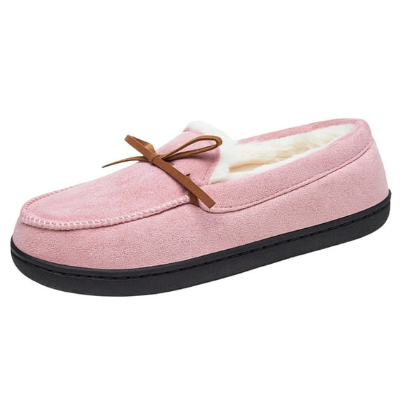Xfvqtps Womens Velvet Slip on Moccasins Indoor Outdoor House Shoes Warm Comfortable Casual Flat Slippers for Fall Winter Pink