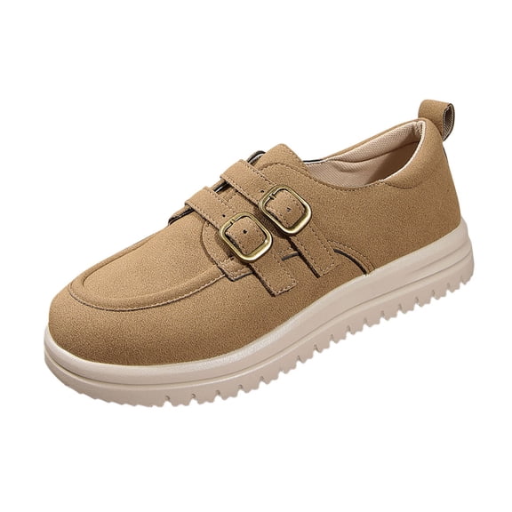 Xfvqtps Womens Vintage Buckle Loafers Comfortable Flat Shoes with Faux Suede Material and Hook Loop Closure for Versatile Casual Use Khaki