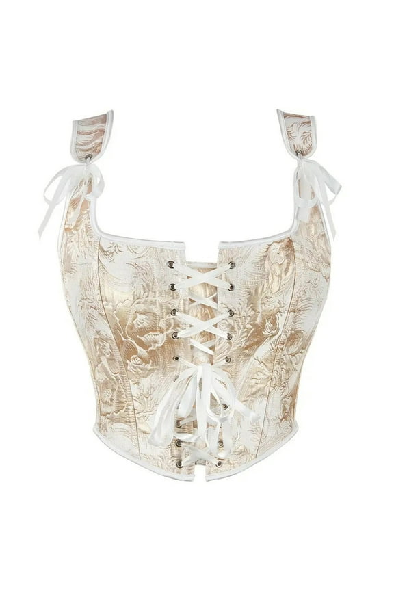 Womens Vintage Floral Print Grommet Lace up Tie Front Corset Bustier Shapewear Top Gold