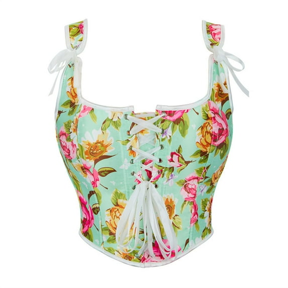 Xfvqtps Womens Vintage Floral Print Grommet Lace up Tie Front Corset Bustier Shapewear Top Green