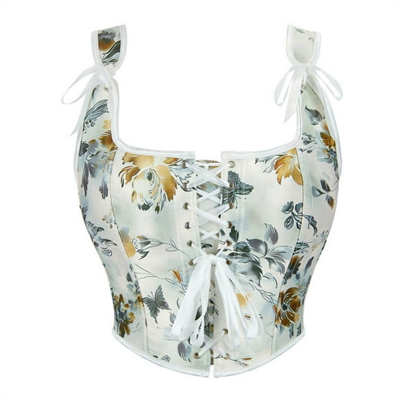 Xfvqtps Womens Vintage Floral Print Grommet Lace up Tie Front Corset Bustier Shapewear Top White