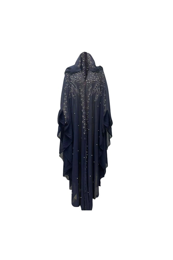 Womens Wedding Cape Mesh Layered Pearl Flower Pattern V Neck Exquisite Cloak with Hood Poncho Navy