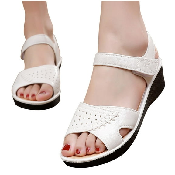 Xfvqtps Womens Wedge Sandals Classic Hollow out Open Toes Ankle Hook and Loop Strap Leather Soft Sole Non Slip Lightweight Comfortable Breathable Summer Sandals White
