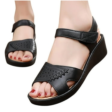 Xfvqtps Womens Wedge Sandals Classic Hollow out Open Toes Ankle Hook and Loop Strap Leather Soft Sole Non Slip Lightweight Comfortable Breathable Summer Sandals Black