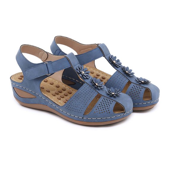 Xfvqtps Womens Wedge Sandals Close Toe Hollow out T-Strap Flower Decor Ankle Velcro Strap Arch Support Solid Color Soft Sole Comfortable Breathable Casual Summer Leather Walking Sandals Blue