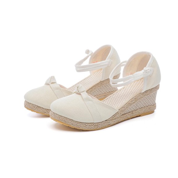 Xfvqtps Womens Wedge Sandals Close Toe Jute Wrapped Bottom Design Flatform High Wedge Heels Ankle Strap Frog Vintage Flax Breathable Non Slip Lightweight Summer High Heels White-01