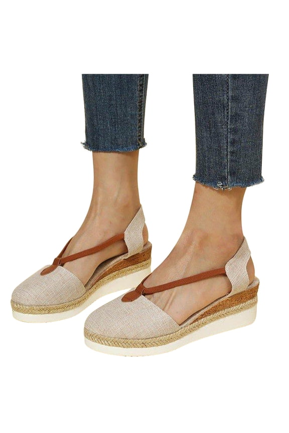 Womens Wedge Sandals Close Toe Jute Wrapped Bottom Design Flatform High Wedge Heels Straps Slip on Flax Breathable Non Slip Lightweight Summer High Heels Beige
