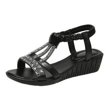 Xfvqtps Womens Wedge Sandals Elastic Rhinestone Weave Straps Open Toe Low Heel Soft Sole Non Slip Lightweight Summer Sandals Black