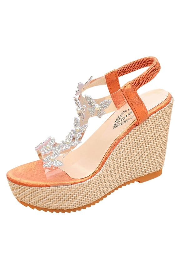 Womens Wedge Sandals Espadrille Heel Shoes Rhinestone Butterfly Sandals Transparent Strap High Heel Glitter Evening Shoes