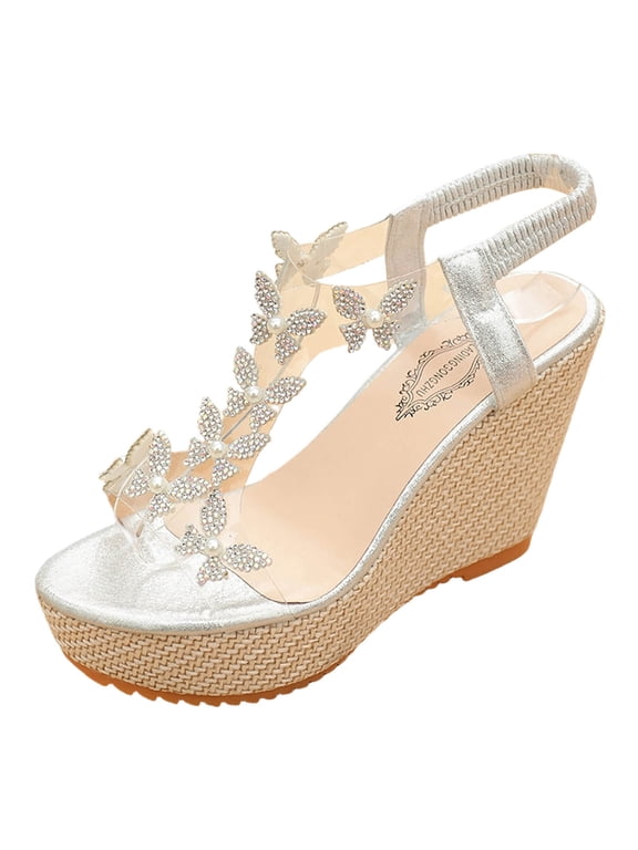 Womens Wedge Sandals Espadrille Heel Shoes Rhinestone Butterfly Sandals Transparent Strap High Heel Glitter Evening Shoes