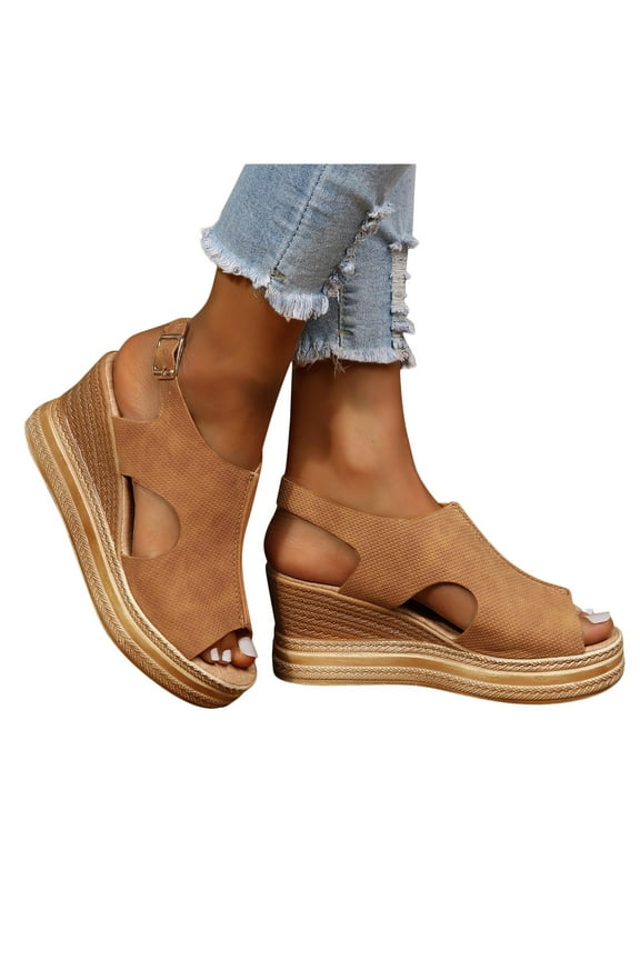 Womens Wedge Sandals Jute Wrapped Bottom Design Flatform Slingback High Heels Open Peep Toe Hollow out Breathable Comfortable Non Slip Beach Summer Casual Shoes Brown