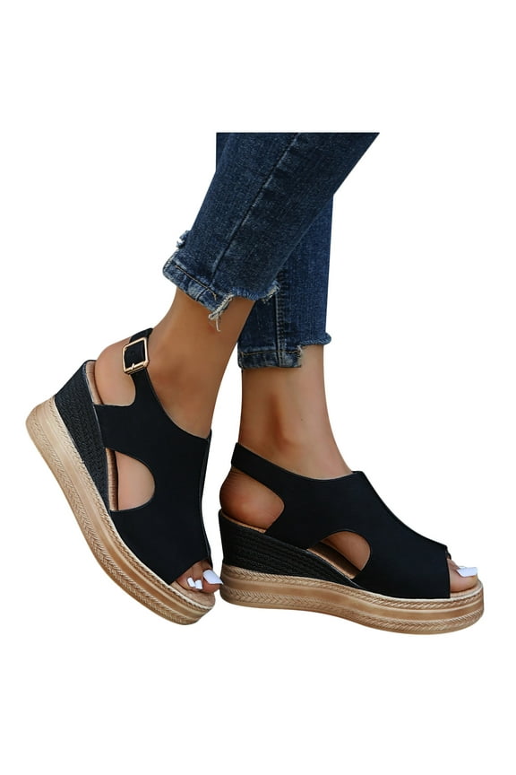 Womens Wedge Sandals Jute Wrapped Bottom Design Flatform Slingback High Heels Open Peep Toe Hollow out Breathable Comfortable Non Slip Beach Summer Casual Shoes Black