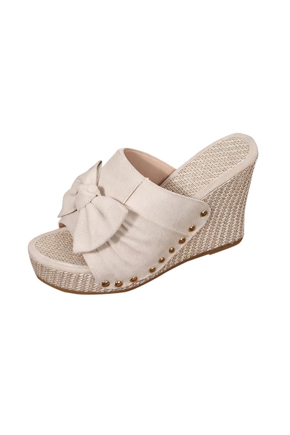 Womens Wedge Sandals Mule Slip on Bow Casual Summer Open Toe Shoes Straw Woven Heel Espadrilles Slides Shoes for Outfit