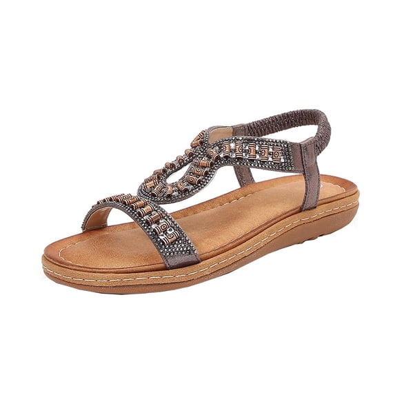 Xfvqtps Womens Wedge Sandals Open Toe Elastic Straps Beads Decor Ethnic Style Bohemia Dressy Casual Soft Sole Comfortable Lightweight Summer Sandals Dark Gray