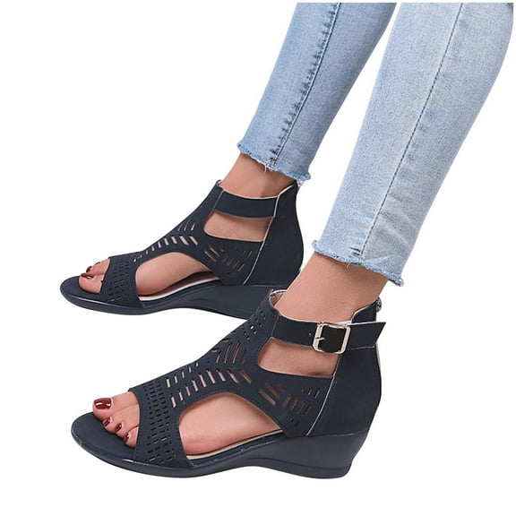 Xfvqtps Womens Wedge Sandals Peep Toe Back Zipper Ankle Buckle Hollow out Cut out Non Slip Soft Sole Comfortable Lightweight Summer Sandals Black