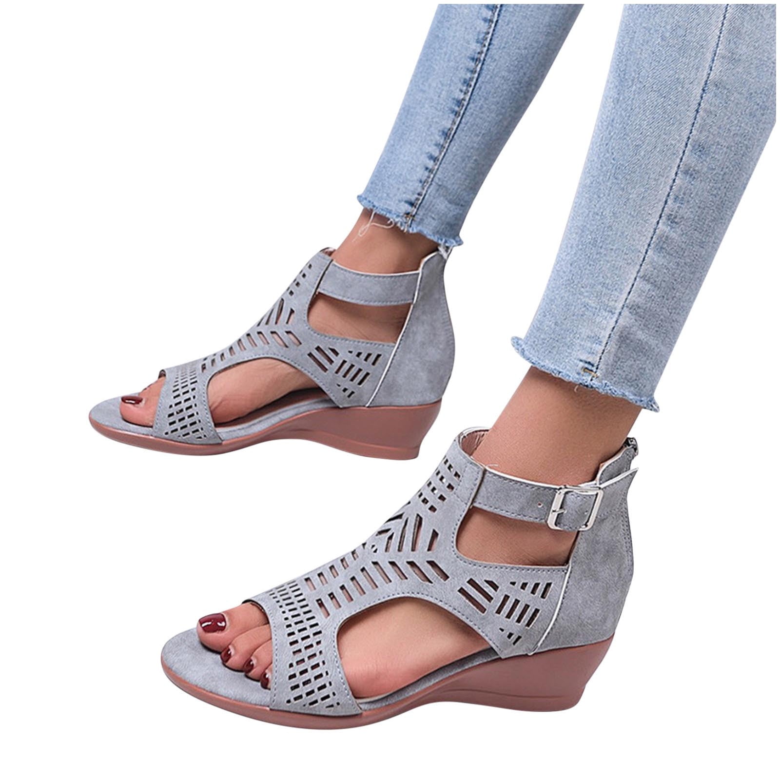 Xfvqtps Womens Wedge Sandals Peep Toe Back Zipper Ankle Buckle