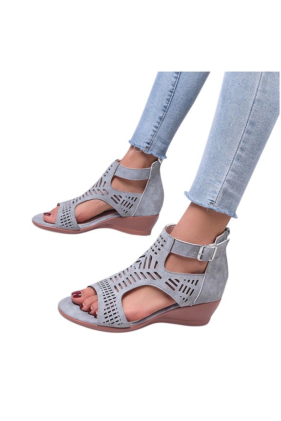 Womens Wedge Sandals Peep Toe Back Zipper Ankle Buckle Hollow out Cut out Non Slip Soft Sole Comfortable Lightweight Summer Sandals Gray