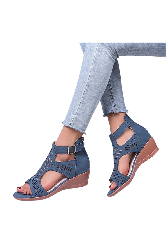 Womens Wedge Sandals Peep Toe Back Zipper Ankle Buckle Hollow out Cut out Non Slip Soft Sole Comfortable Lightweight Summer Sandals Navy
